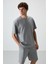Gri Melanj Pamuklu Kalın Yumuşak Dokulu Oversize Fit Basic Erkek Şort Takım - 85249 2