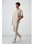 Bej Pamuklu Kalın Yumuşak Dokulu Oversize Fit Nakışlı Erkek Eşofman Takım - 85252 3