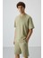 Açık Çağla Pamuklu Kalın Yumuşak Dokulu Oversize Fit Basic Erkek Şort Takım - 85249 2