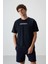 Lacivert Pamuklu Kalın Yüzeyi Dokulu Oversize Fit Baskılı Erkek T-Shirt - 88365 1