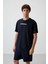 Lacivert Pamuklu Kalın Yüzeyi Dokulu Oversize Fit Baskılı Erkek T-Shirt - 88365 4