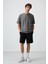 Koyu Gri Pamuklu Kalın Yüzeyi Dokulu Oversize Fit Baskılı Erkek T-Shirt - 88366 2