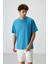 Petrol Mavi Pamuklu Kalın Yüzeyi Dokulu Oversize Fit Baskılı Erkek T-Shirt - 88366 1