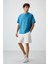 Petrol Mavi Pamuklu Kalın Yüzeyi Dokulu Oversize Fit Baskılı Erkek T-Shirt - 88366 2