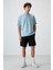 Açık Mavi Pamuklu Kalın Yüzeyi Dokulu Oversize Fit Baskılı Erkek T-Shirt - 88364 5
