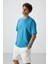 Petrol Mavi Pamuklu Kalın Yüzeyi Dokulu Oversize Fit Baskılı Erkek T-Shirt - 88366 4