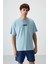 Açık Mavi Pamuklu Kalın Yüzeyi Dokulu Oversize Fit Baskılı Erkek T-Shirt - 88367 1