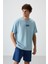 Açık Mavi Pamuklu Kalın Yüzeyi Dokulu Oversize Fit Baskılı Erkek T-Shirt - 88367 4