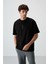Siyah Pamuklu Kalın Yüzeyi Dokulu Oversize Fit Baskılı Erkek T-Shirt - 88368 1