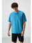 Petrol Mavi Pamuklu Kalın Yüzeyi Dokulu Oversize Fit Baskılı Erkek T-Shirt - 88369 1