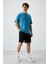 Petrol Mavi Pamuklu Kalın Yüzeyi Dokulu Oversize Fit Baskılı Erkek T-Shirt - 88369 2