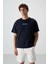 Lacivert Pamuklu Kalın Yüzeyi Dokulu Oversize Fit Baskılı Erkek T-Shirt - 88372 1