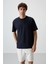 Lacivert Waffle İnterlok Yüzeyi Dokulu Oversize Fit Basic Erkek T-Shirt - 88380 1