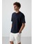 Lacivert Waffle İnterlok Yüzeyi Dokulu Oversize Fit Basic Erkek T-Shirt - 88380 4