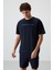Lacivert Pamuklu Kalın Yüzeyi Dokulu Oversize Fit Baskılı Erkek T-Shirt - 88371 1