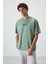 Açık Yeşil Pamuklu Kalın Yüzeyi Dokulu Oversize Fit Baskılı Erkek T-Shirt - 88367 1
