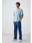 Açık Mavi Pamuklu Kalın Yüzeyi Dokulu Oversize Fit Baskılı Erkek T-Shirt - 88368 2