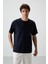 Lacivert Pamuklu Kalın Yüzeyi Dokulu Oversize Fit Baskılı Erkek T-Shirt - 88370 1