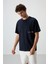 Lacivert Pamuklu Kalın Yüzeyi Dokulu Oversize Fit Baskılı Erkek T-Shirt - 88370 4