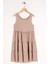 Bisiklet Yaka Sıfır Kol Beli Lastikli Bej Renk Kız Çocuk Elbıse 1