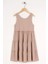 Bisiklet Yaka Sıfır Kol Beli Lastikli Bej Renk Kız Çocuk Elbıse 2