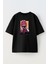 Unisex Siyah Oversize Pamuk Kırmızı Saçlı Anime Boynuzlu Şeytan Baskılı Örme T-Shirt 1