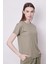 Kadın Sıfır Yaka Kırışmaz Span Karışımlı Şık Kısa Kol Likralı T-Shirt Bluz-Haki 5
