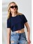 Kolu Katlamalı Geniş Crop Esnek Pamuklu Kompakt Tshirt 21754 Lacivert 2