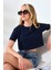 Kolu Katlamalı Geniş Crop Esnek Pamuklu Kompakt Tshirt 21754 Lacivert 3