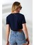 Kolu Katlamalı Geniş Crop Esnek Pamuklu Kompakt Tshirt 21754 Lacivert 4