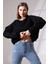 Şardonlu Reglan Kol Bisiklet Yaka Oversize Sweatshirt 21625 Siyah 3