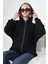 Şardonlu Fermuarlı Kapüşonlu Oversize Sweatshirt 21618 Siyah 3