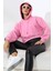Kapüşonlu Şardonlu Crop Geniş Kalıp Sweatshirt 21653 Pembe 3