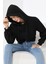 Kapüşonlu Şardonlu Crop Geniş Kalıp Sweatshirt 21653 Siyah 3