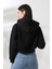 Kapüşonlu Şardonlu Crop Geniş Kalıp Sweatshirt 21653 Siyah 4