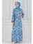 Motif Desen Beli Kuşaklı Viskon Elbise-Mavi 1
