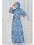 Motif Desen Beli Kuşaklı Viskon Elbise-Mavi 2