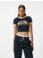Crop Tişört Kolej Baskılı Kısa Kollu Bisiklet Yaka Pamuklu Slim Fit 3