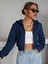 Kadın Lacivert Fitted Crop Kapşonlu Zip Fermuarlı Polar Hırka Sweatshirt 1