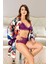 Saten Külot Bralet Sabahlık Üçlü Takım 3608 Dijital Baskılı Mor 1