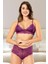 Saten Külot Bralet Sabahlık Üçlü Takım 3608 Dijital Baskılı Mor 3
