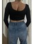 Siyah Kare Yaka Uzun Kollu Kadın Crop Body 5