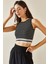 Siyah Çizgili Bisiklet Yaka Askılı Crop Bluz 5YXK2-48671-02 1