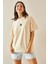 Bej Bisiklet Yaka Yazılı Oversize Tshirt 5YXK1-48701-25 5