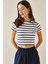 Lacivert Bisiklet Yaka Çizgili Crop T-Shirt 5YXK1-48698-14 1