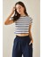Lacivert Bisiklet Yaka Çizgili Crop T-Shirt 5YXK1-48698-14 2