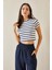 Lacivert Bisiklet Yaka Çizgili Crop T-Shirt 5YXK1-48698-14 3