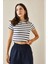 Lacivert Bisiklet Yaka Çizgili Crop T-Shirt 5YXK1-48698-14 4