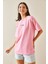 Pembe Bisiklet Yaka Yazılı Oversize Tshirt 5YXK1-48703-20 3