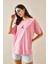Pembe Bisiklet Yaka Yazılı Oversize Tshirt 5YXK1-48702-20 2
